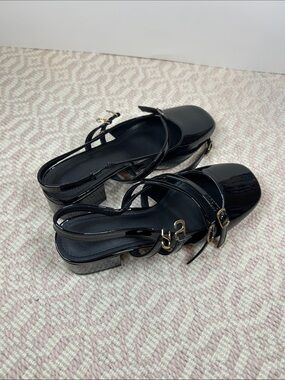 Black Patent Slingback Block Heel Sandals